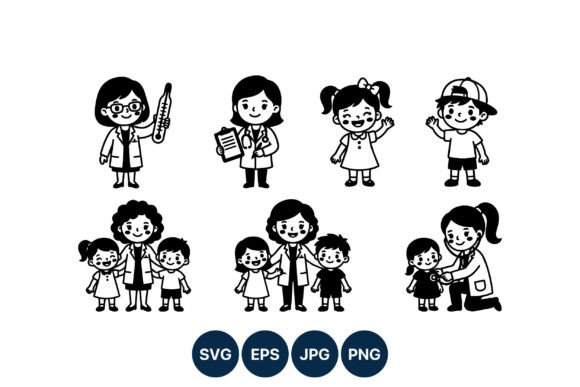 Children with Doctors Medical Line Art