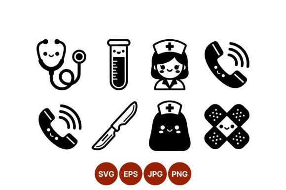 Cute Black Medical Icons Set